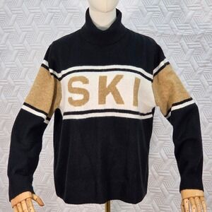 CeCe Sweater SKI Womens Graphic Turtleneck Black gold White snowy winter slope M